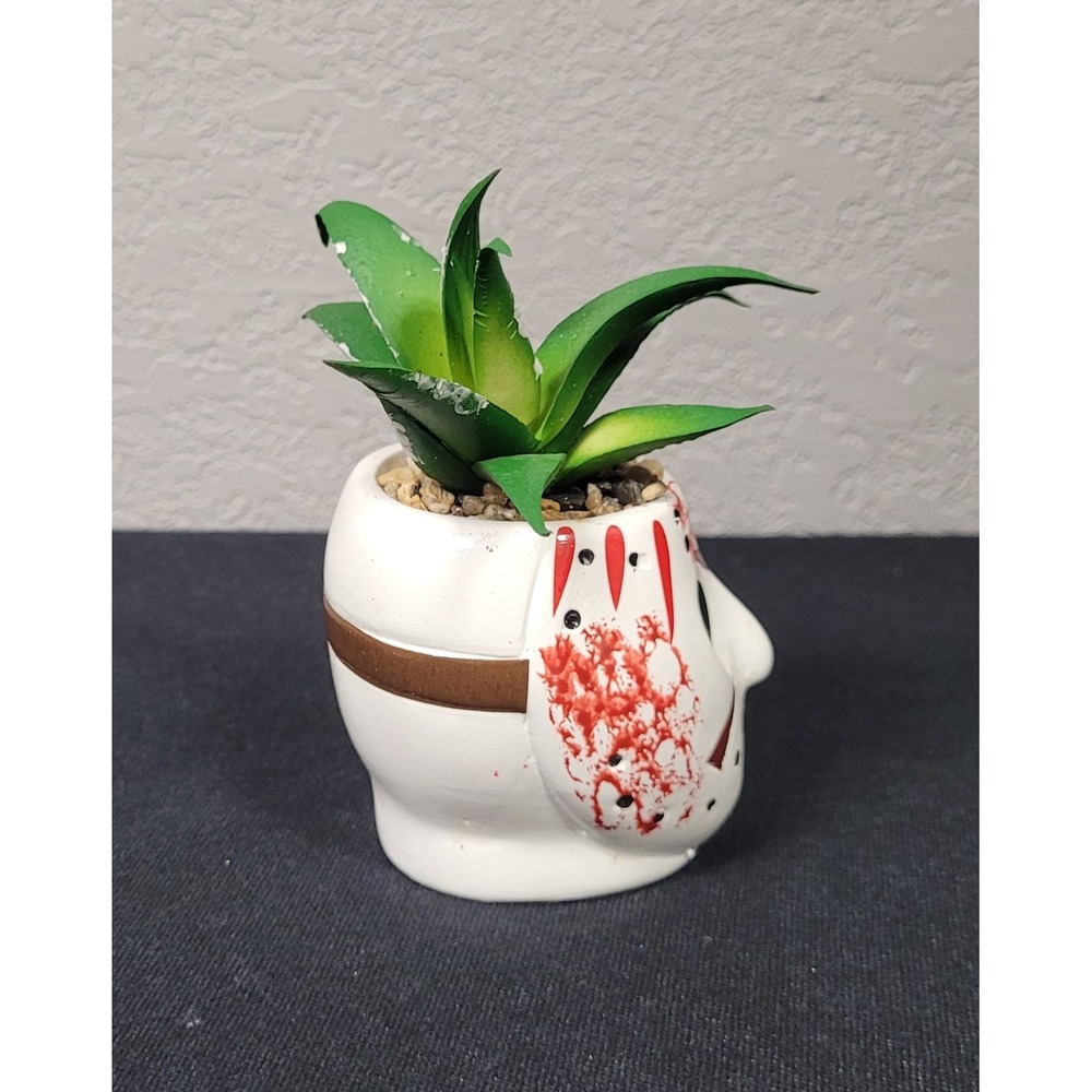 Silver Buffalo Friday the 13th Jason Mask Mini Planter Ceramic Faux Succulent - Picture 4 of 6